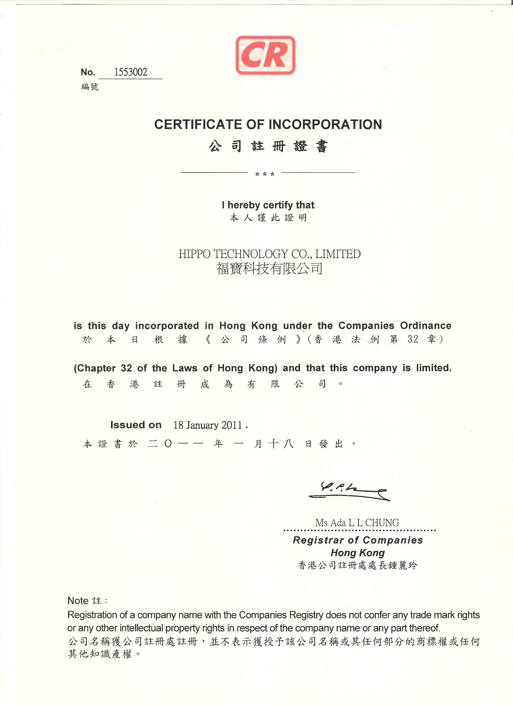China Hippo Technology Co.,LTD Certificaten